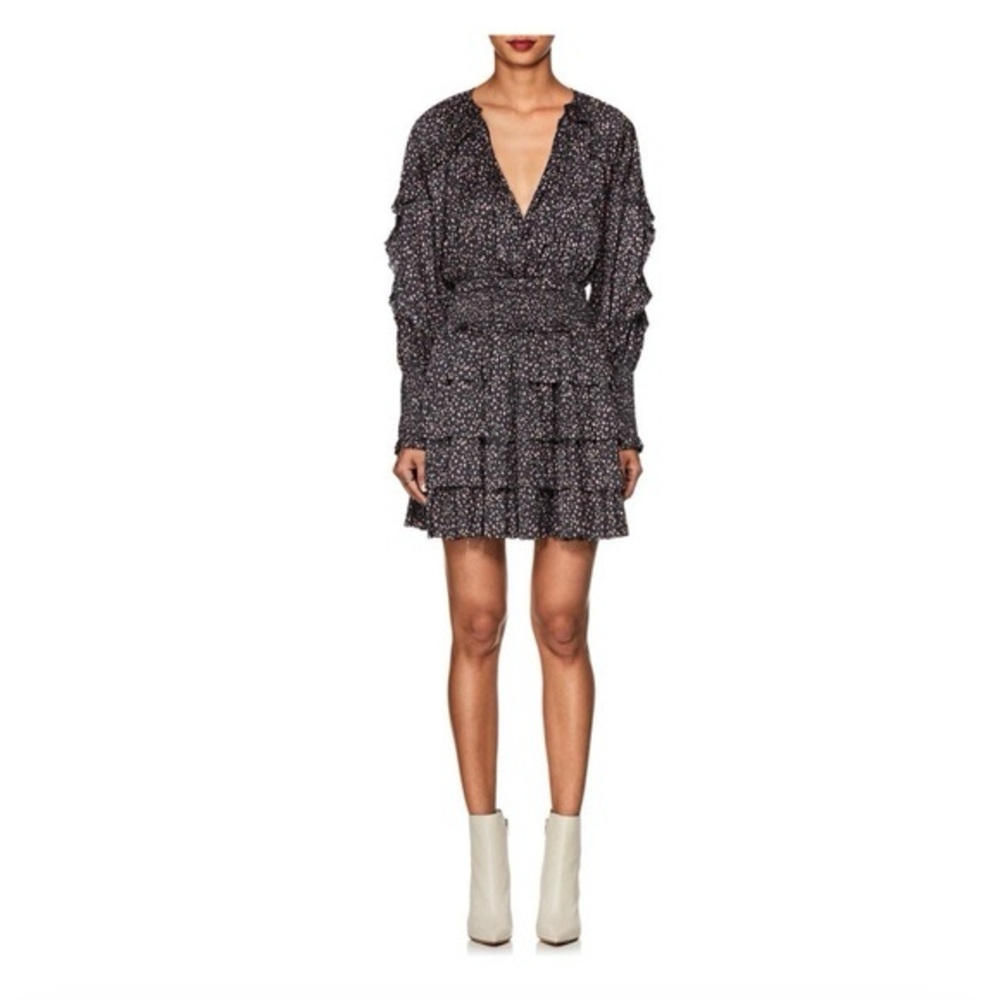 Ulla Johnson Soraya Printed Mini - Black Floral V-Neck Long Sleeve Dress